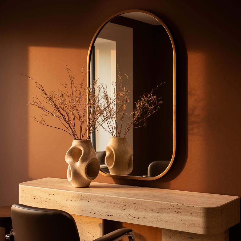 Curved arched mirror and travertine detail