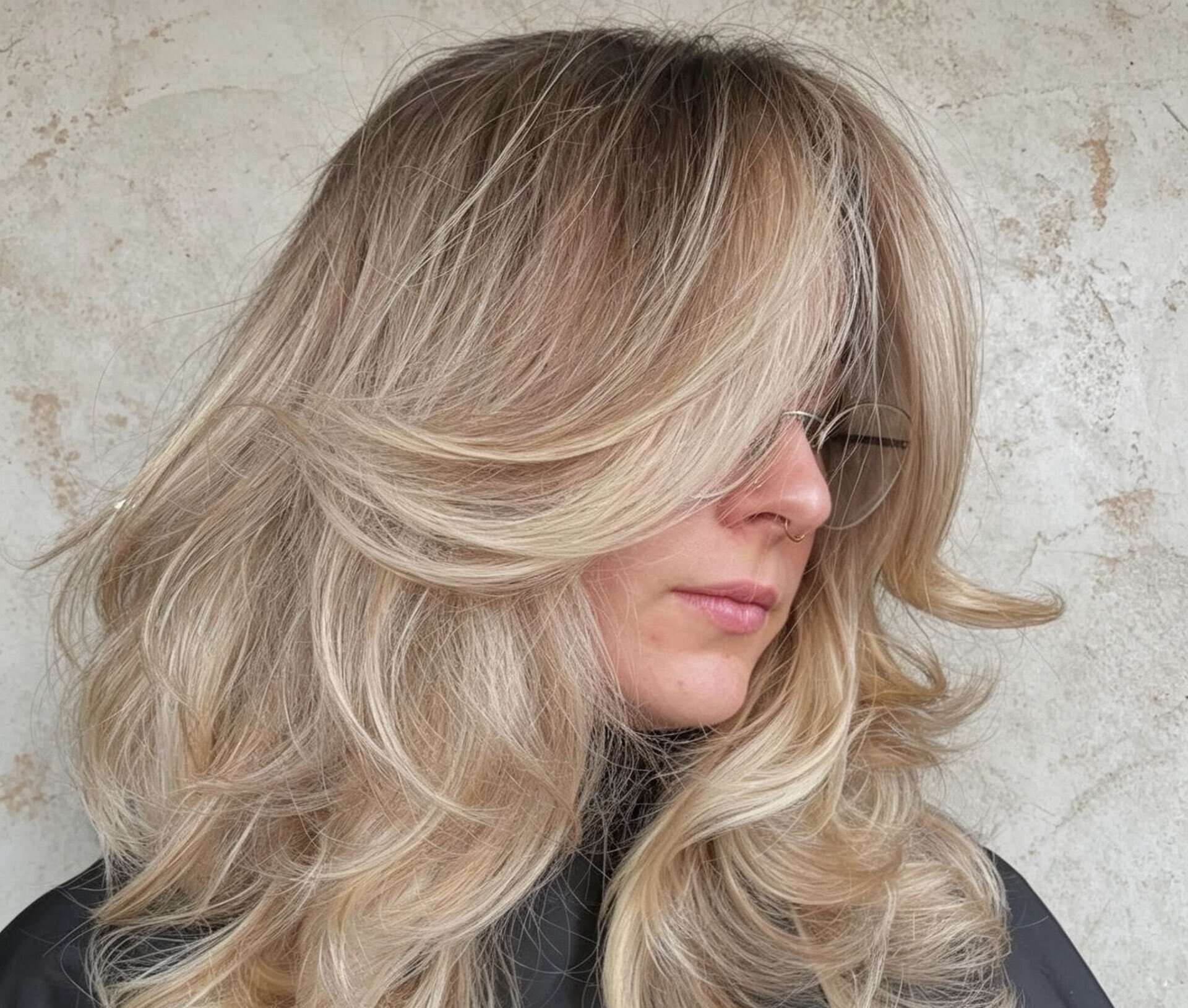 Soft blonde layered blowout with curtain bangs
