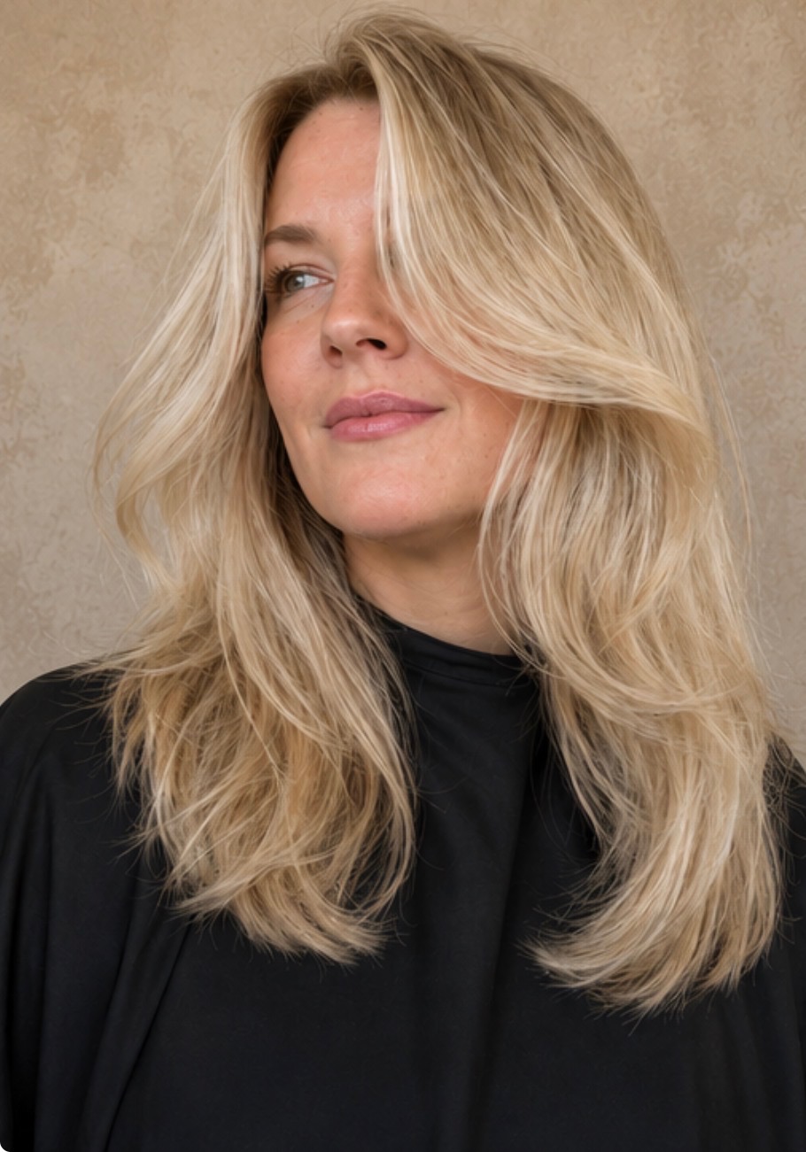 Buttery blonde layered cut with soft curtain bangs