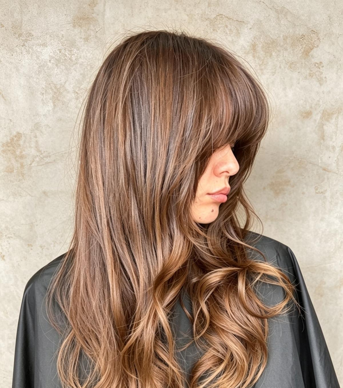 Caramel brunette curtain bang
